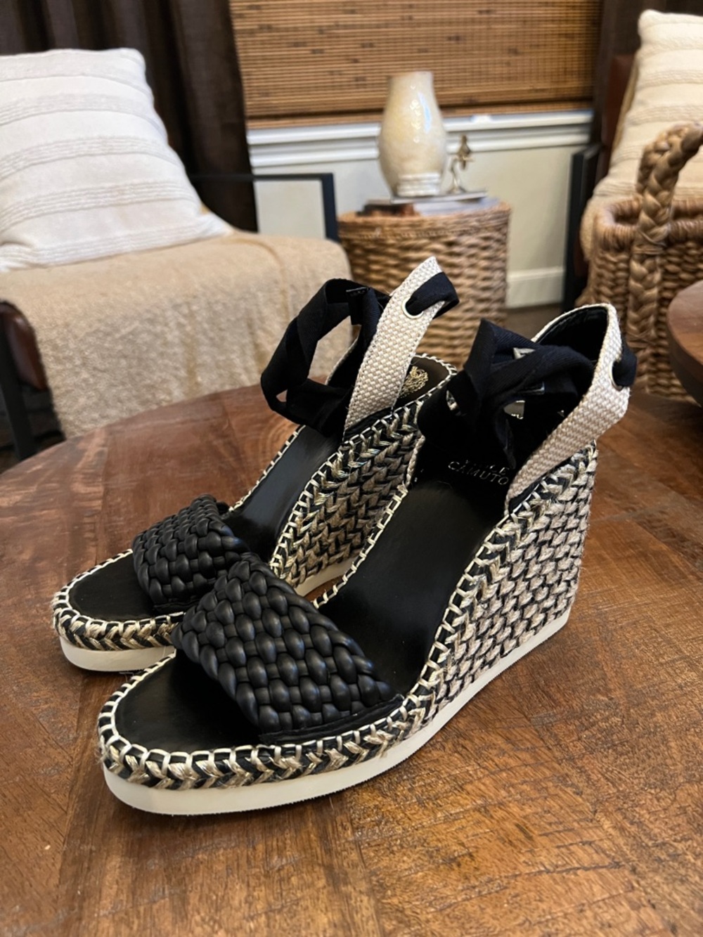 Vince Camuto Black and Cream Woven Espadrille Wedge Sandals with Ankle Ties